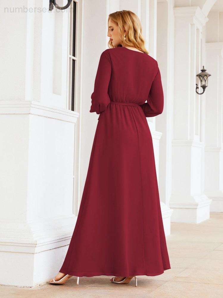 Numbersea Women's Chiffon Bridesmaid Dress A line Long Sleeves Formal Evening Prom Gown for Wedding Guest 28032
