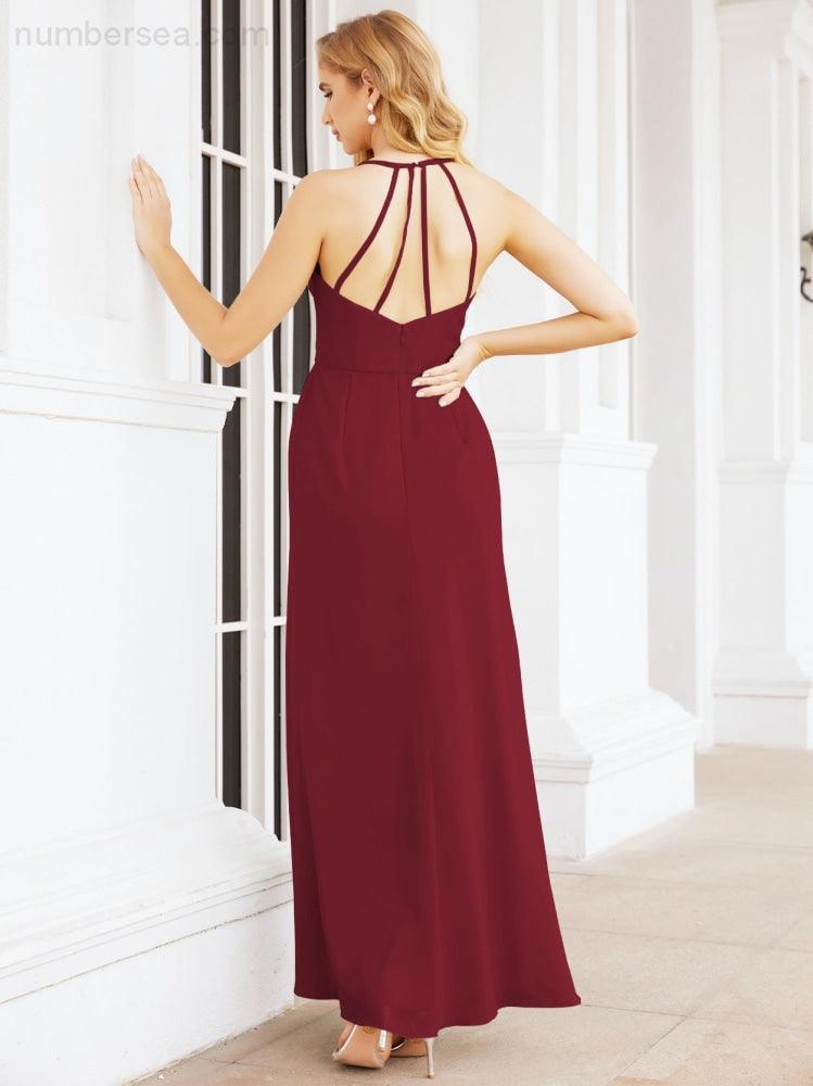Numbersea Spaghetti Strap Bridesmaid Dresses V-Neck Long A-Line Formal Prom Gowns 28063