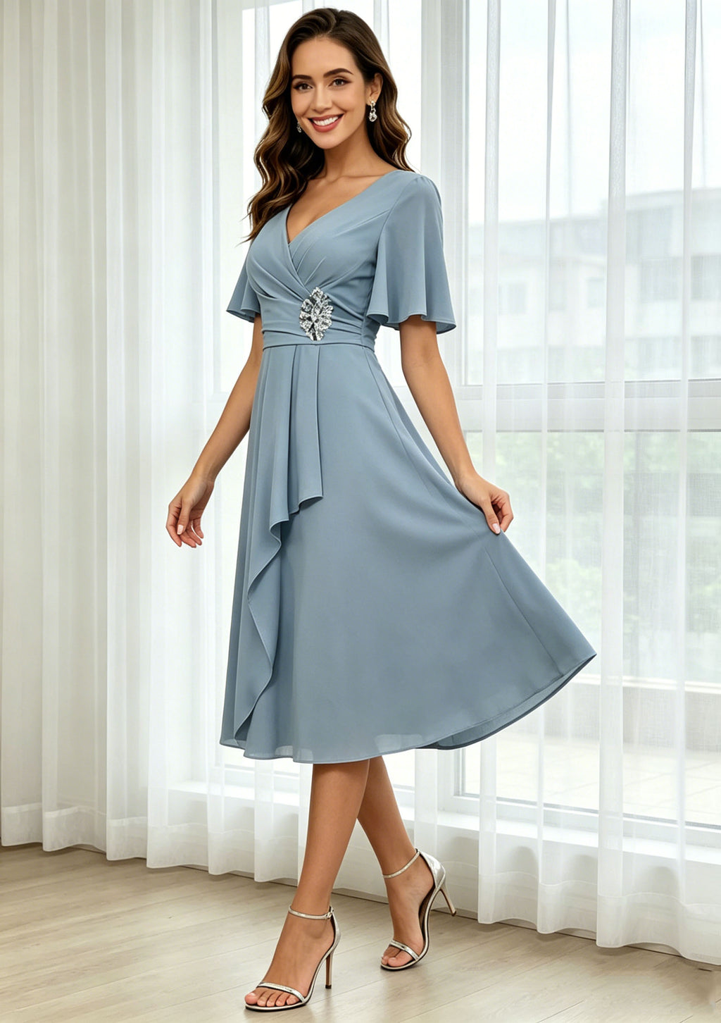 Short Sleeves Mother of The Bride Dresses Tea Length V Neck Ruffles Formal Evening Gown