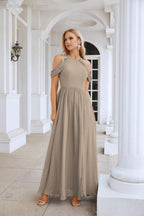 Ladies Chiffon Off Shoulder Swing Sleeve Front Slit Bridesmaid Evening Dress Wedding Party Evening Dress 28117