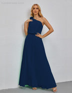 Ruffled One Shoulder Sleeveless Long Bridesmaid Dresses A-line Formal Evening Gown Side Split 28080