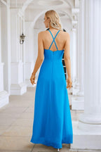 Ladies Chiffon Spaghetti Strap V Neck Front Slit Floor Length Bridesmaid Evening Dress Prom Party Wedding Evening Dress 28116