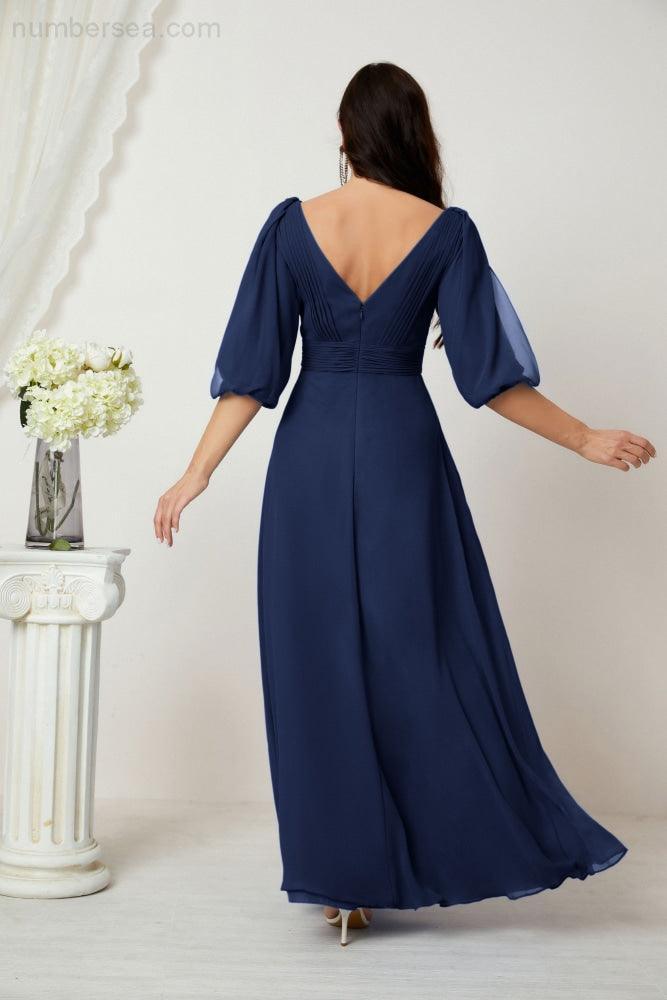 Numbersea  Formal Prom Gown Women V-Neck Chiffon Bridesmaid Dresses Long Bishop Sleeve Party Dress 2807