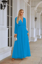 Ladies V Neck Chiffon Long Sleeve Front Slit Bridesmaid Evening Dress Wedding Party Shopping Evening Dress 28109