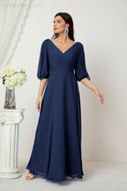 Numbersea  Formal Prom Gown Women V-Neck Chiffon Bridesmaid Dresses Long Bishop Sleeve Party Dress 2807