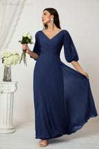 Numbersea  Formal Prom Gown Women V-Neck Chiffon Bridesmaid Dresses Long Bishop Sleeve Party Dress 2807