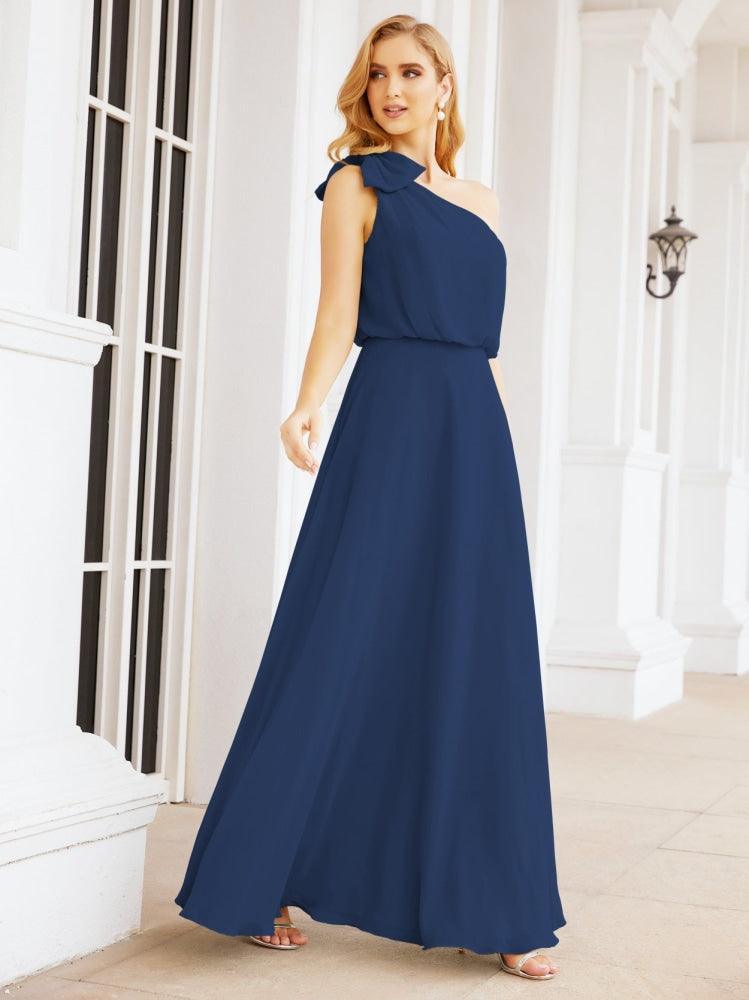 Numbersea Chiffon Ruffled One Shoulder Sleeveless Long Bride Dresses A-line Formal Evening Gown Side Split 28057