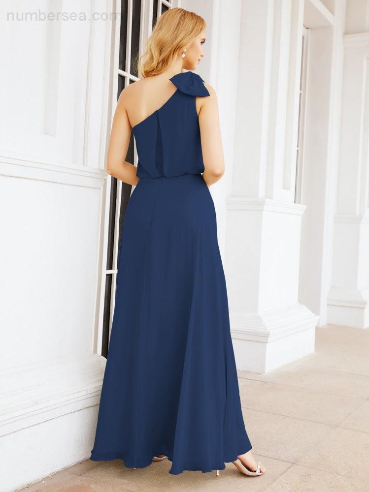 Numbersea Chiffon Ruffled One Shoulder Sleeveless Long Bride Dresses A-line Formal Evening Gown Side Split 28057