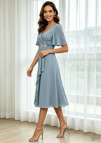 Short Sleeves Mother of The Bride Dresses Tea Length V Neck Ruffles Formal Evening Gown