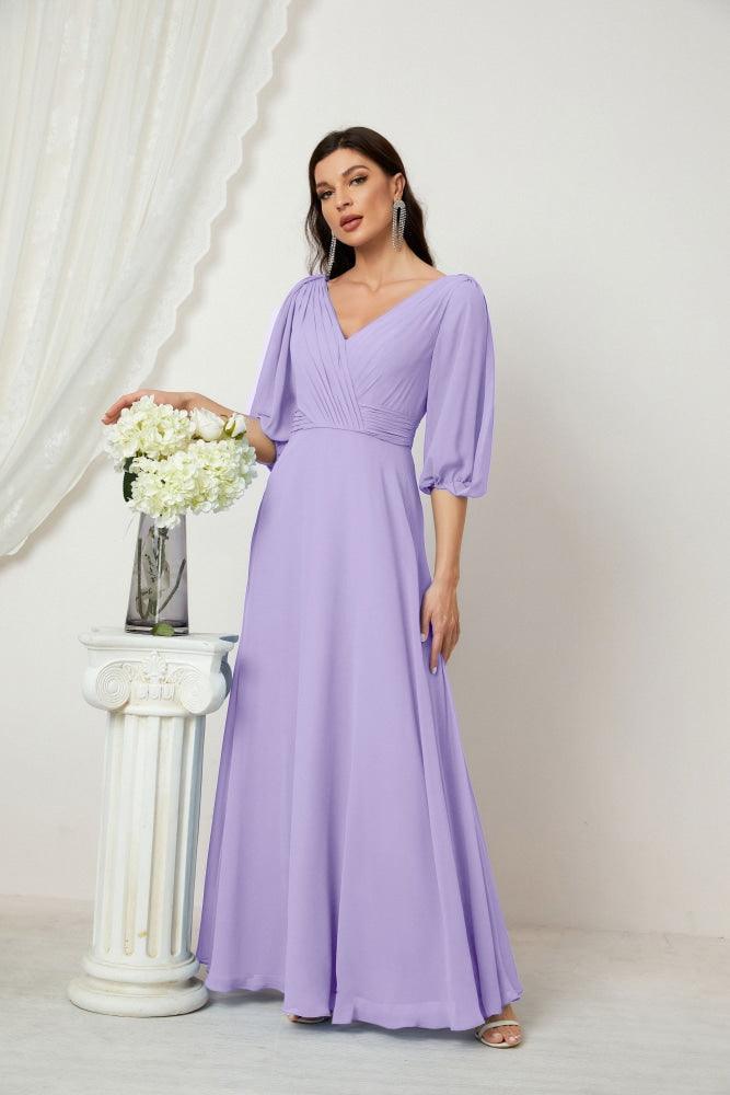 Numbersea  Formal Prom Gown Women V-Neck Chiffon Bridesmaid Dresses Long Bishop Sleeve Party Dress 2807