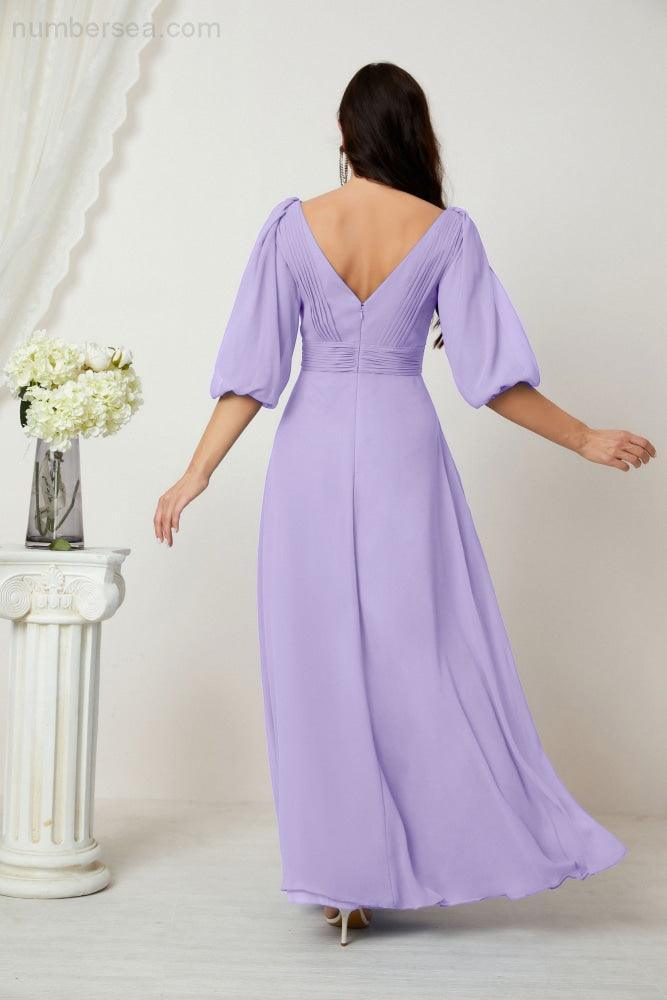 Numbersea  Formal Prom Gown Women V-Neck Chiffon Bridesmaid Dresses Long Bishop Sleeve Party Dress 2807