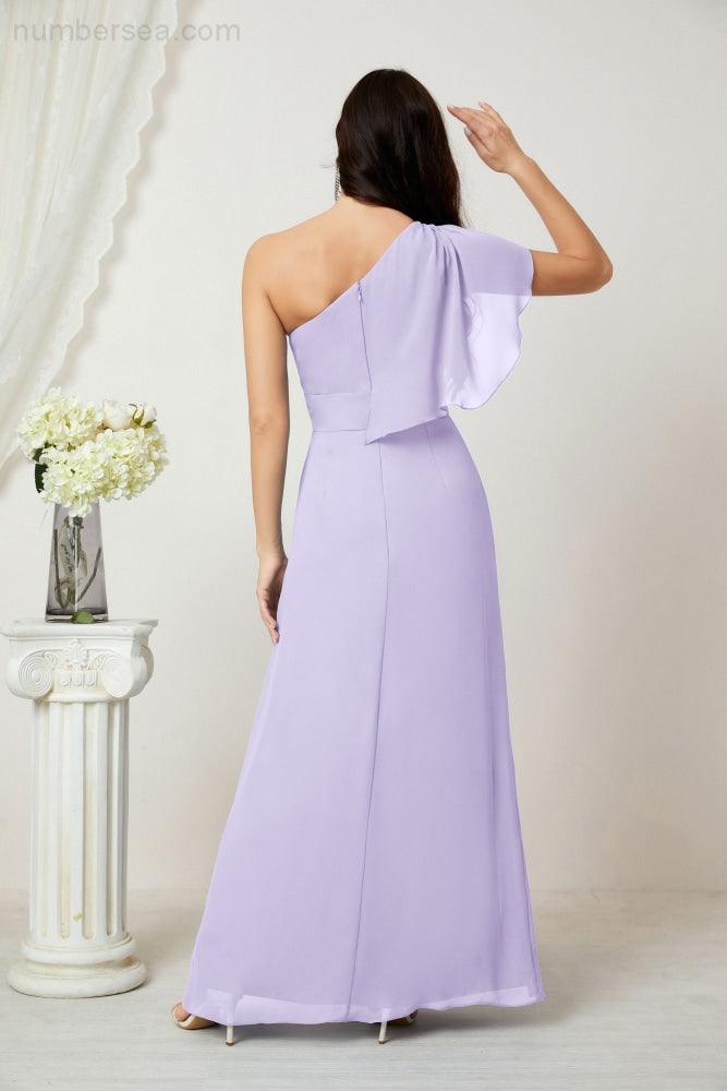 Numbersea  Chiffon Ruffled One Shoulder Long Bridesmaid Dresses A-line Formal Evening Gown Side Split 2809