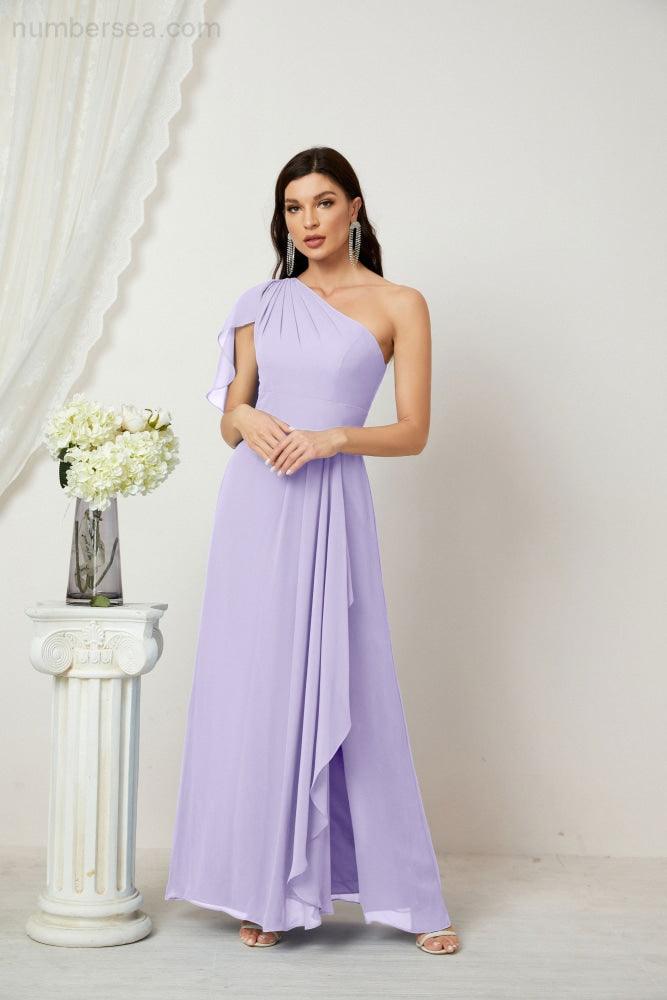 Numbersea  Chiffon Ruffled One Shoulder Long Bridesmaid Dresses A-line Formal Evening Gown Side Split 2809