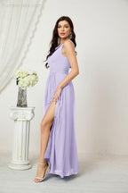 Numbersea Chiffon V-Neck Bridesmaid Dress Spaghetti Strap Long Formal Party Prom Gowns with Slit 28010
