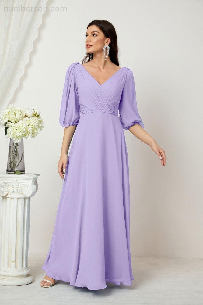 Numbersea  Formal Prom Gown Women V-Neck Chiffon Bridesmaid Dresses Long Bishop Sleeve Party Dress 2807