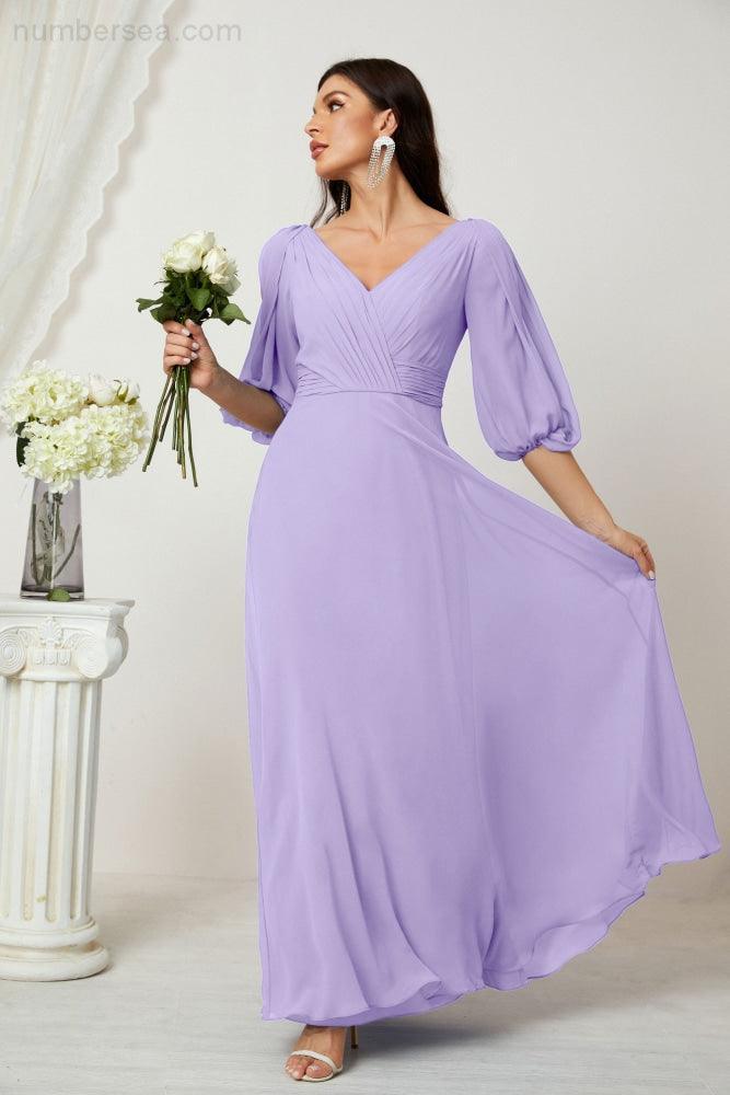 Numbersea  Formal Prom Gown Women V-Neck Chiffon Bridesmaid Dresses Long Bishop Sleeve Party Dress 2807