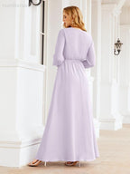 Numbersea Women's Chiffon Bridesmaid Dress A line Long Sleeves Formal Evening Prom Gown for Wedding Guest 28032