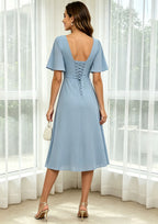 Short Sleeves Mother of The Bride Dresses Tea Length V Neck Ruffles Formal Evening Gown