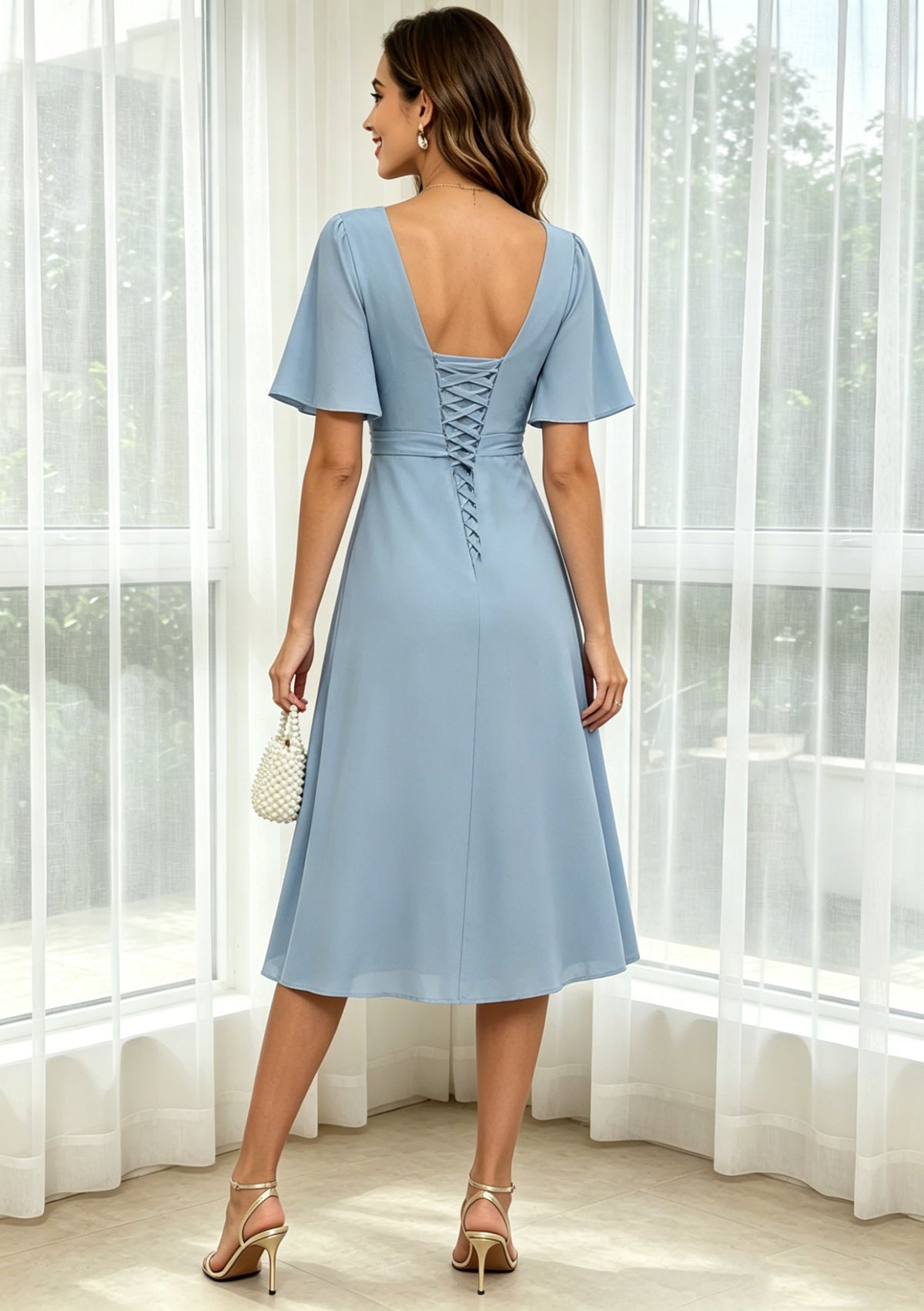 Short Sleeves Mother of The Bride Dresses Tea Length V Neck Ruffles Formal Evening Gown