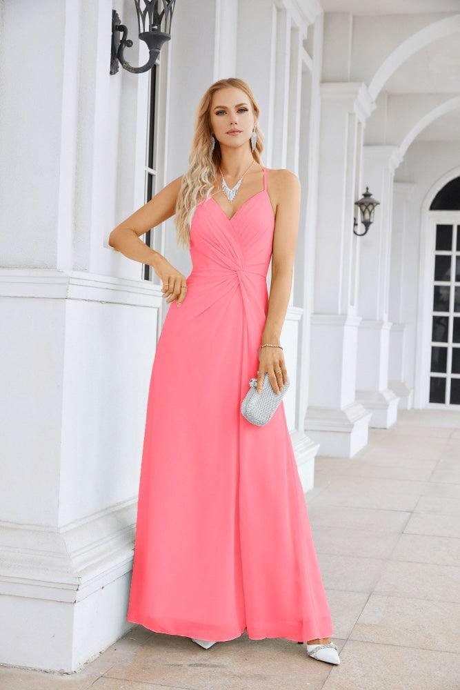 Ladies Chiffon Spaghetti Strap V Neck Front Slit Floor Length Bridesmaid Evening Dress Prom Party Wedding Evening Dress 28116