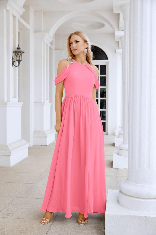 Ladies Chiffon Off Shoulder Swing Sleeve Front Slit Bridesmaid Evening Dress Wedding Party Evening Dress 28117