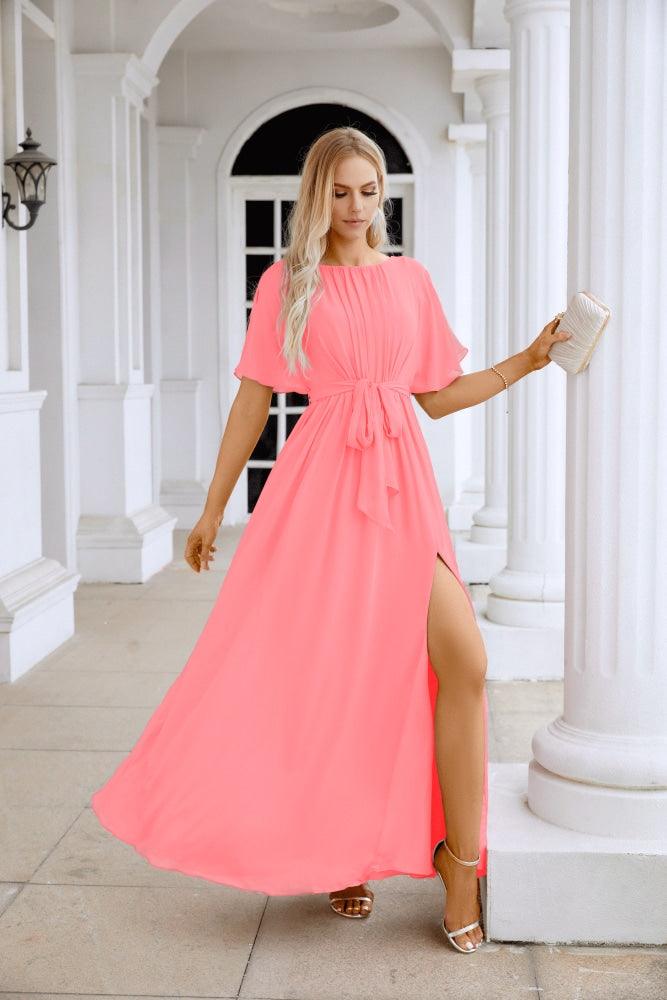 Ladies Chiffon Sleeve Crew Neck Front Slit Floor Length Bridesmaid Evening Dress Wedding Party Evening Dress 28124