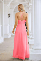 Ladies Chiffon Spaghetti Strap V Neck Front Slit Floor Length Bridesmaid Evening Dress Prom Party Wedding Evening Dress 28116