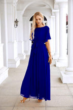 Ladies Chiffon Sleeve Crew Neck Front Slit Floor Length Bridesmaid Evening Dress Wedding Party Evening Dress 28124