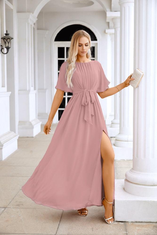 Ladies Chiffon Sleeve Crew Neck Front Slit Floor Length Bridesmaid Evening Dress Wedding Party Evening Dress 28124