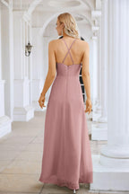 Ladies Chiffon Spaghetti Strap V Neck Front Slit Floor Length Bridesmaid Evening Dress Prom Party Wedding Evening Dress 28116
