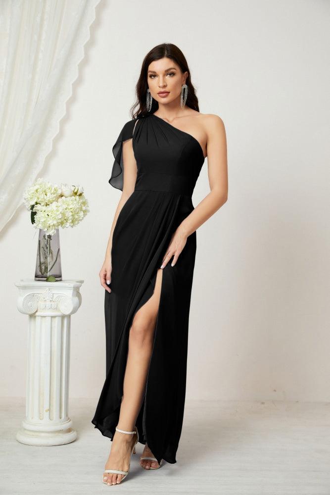 Numbersea  Chiffon Ruffled One Shoulder Long Bridesmaid Dresses A-line Formal Evening Gown Side Split 2809