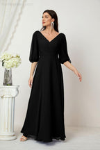 Numbersea  Formal Prom Gown Women V-Neck Chiffon Bridesmaid Dresses Long Bishop Sleeve Party Dress 2807