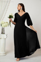 Numbersea  Formal Prom Gown Women V-Neck Chiffon Bridesmaid Dresses Long Bishop Sleeve Party Dress 2807