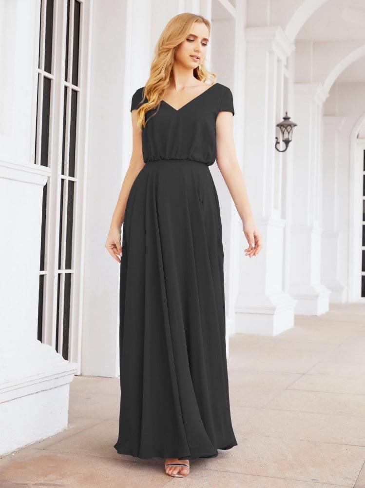 Numbersea V-Neck Bridesmaid Dresses Long Cap Sleeves Prom Evening Formal Gowns 28071