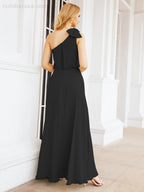 Numbersea Chiffon Ruffled One Shoulder Sleeveless Long Bride Dresses A-line Formal Evening Gown Side Split 28057