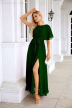 Ladies Chiffon Sleeve Crew Neck Front Slit Floor Length Bridesmaid Evening Dress Wedding Party Evening Dress 28124