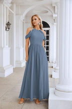 Ladies Chiffon Off Shoulder Swing Sleeve Front Slit Bridesmaid Evening Dress Wedding Party Evening Dress 28117