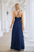 Ladies Chiffon Spaghetti Strap V Neck Front Slit Floor Length Bridesmaid Evening Dress Prom Party Wedding Evening Dress 28116