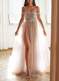 A-Line Sweetheart Sequins Sleeveless Sweep Train Prom Dresses With Split Front