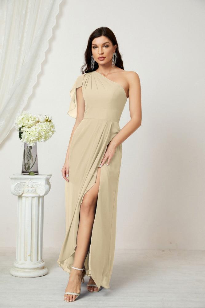 Numbersea  Chiffon Ruffled One Shoulder Long Bridesmaid Dresses A-line Formal Evening Gown Side Split 2809