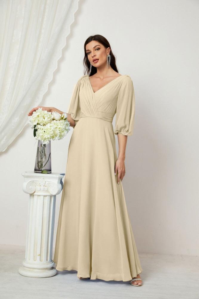 Numbersea  Formal Prom Gown Women V-Neck Chiffon Bridesmaid Dresses Long Bishop Sleeve Party Dress 2807