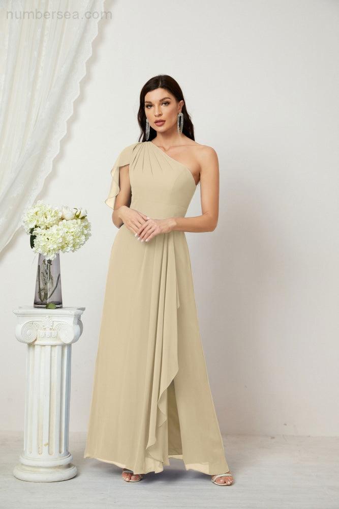 Numbersea  Chiffon Ruffled One Shoulder Long Bridesmaid Dresses A-line Formal Evening Gown Side Split 2809