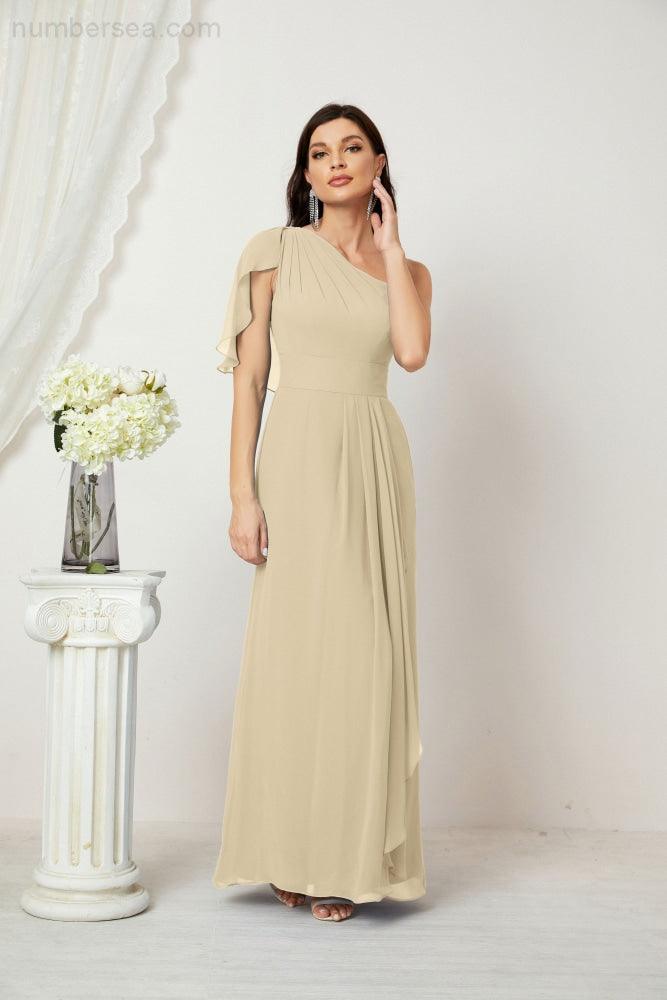 Numbersea  Chiffon Ruffled One Shoulder Long Bridesmaid Dresses A-line Formal Evening Gown Side Split 2809