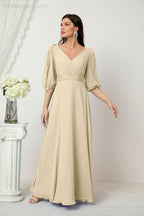Numbersea  Formal Prom Gown Women V-Neck Chiffon Bridesmaid Dresses Long Bishop Sleeve Party Dress 2807