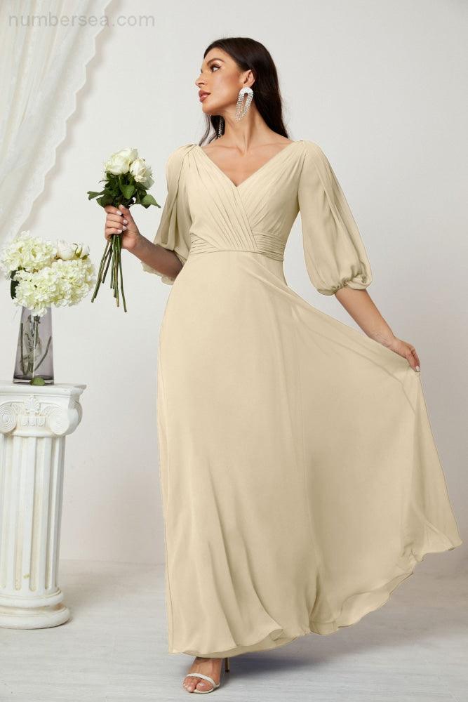 Numbersea  Formal Prom Gown Women V-Neck Chiffon Bridesmaid Dresses Long Bishop Sleeve Party Dress 2807