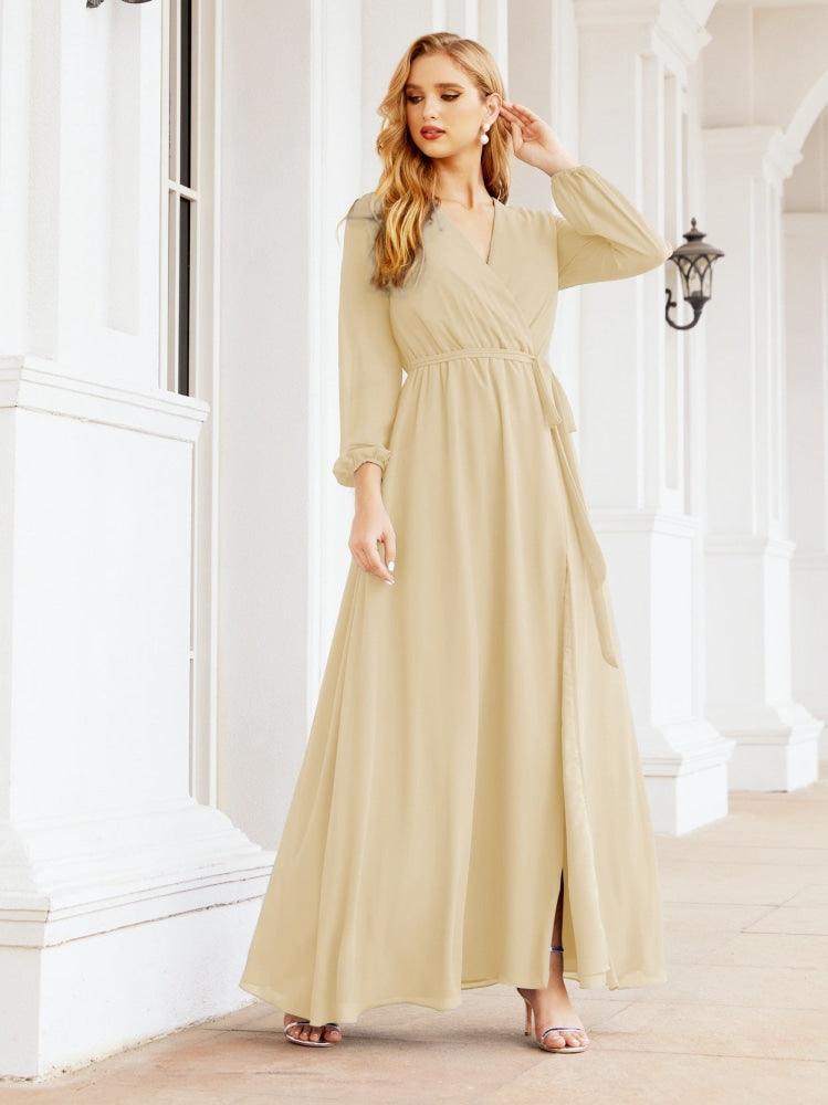 Numbersea Women's Chiffon Bridesmaid Dress A line Long Sleeves Formal Evening Prom Gown for Wedding Guest 28032