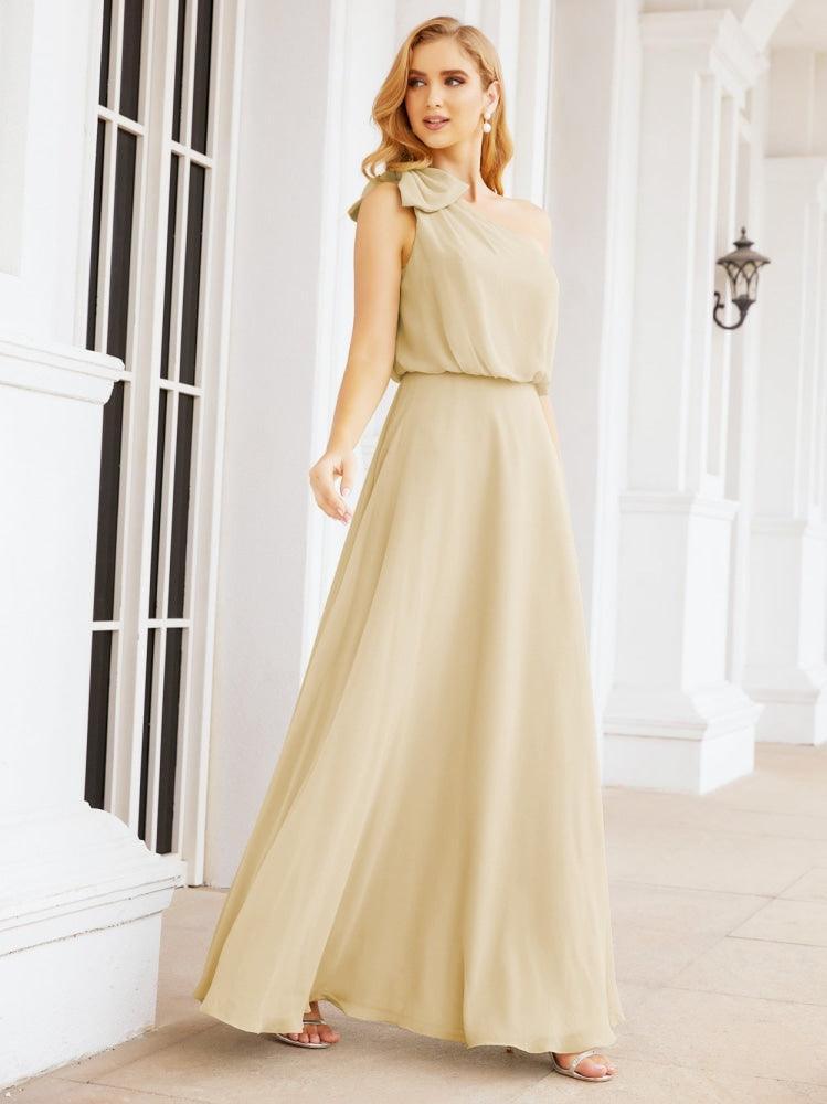 Numbersea Chiffon Ruffled One Shoulder Sleeveless Long Bride Dresses A-line Formal Evening Gown Side Split 28057