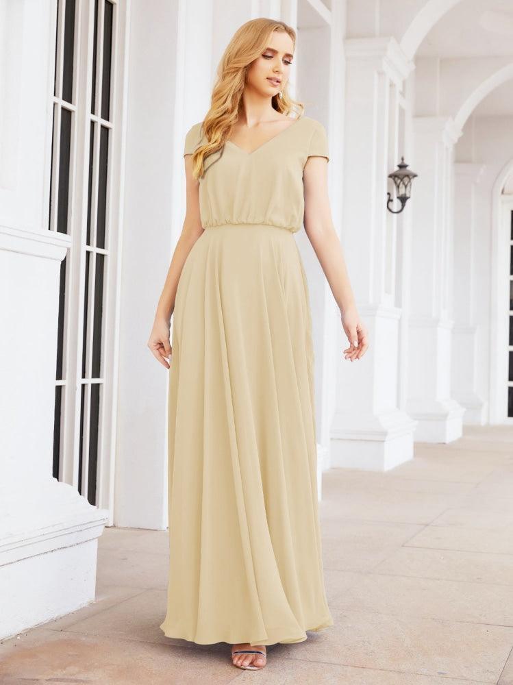 Numbersea V-Neck Bridesmaid Dresses Long Cap Sleeves Prom Evening Formal Gowns 28071
