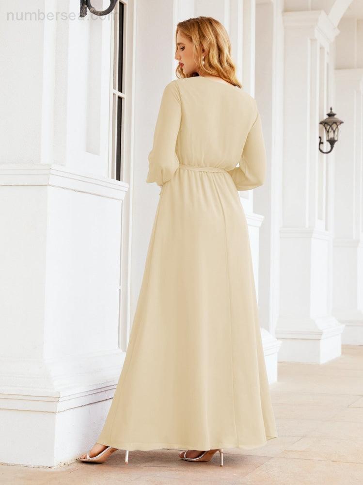 Numbersea Women's Chiffon Bridesmaid Dress A line Long Sleeves Formal Evening Prom Gown for Wedding Guest 28032