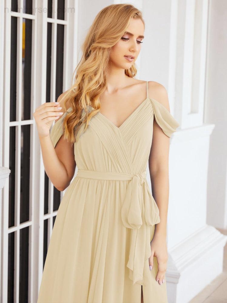 Numbersea Off The Shoulder Chiffon Bridesmaid Dress Long Formal Graduation Gown with Cowl Back 28069